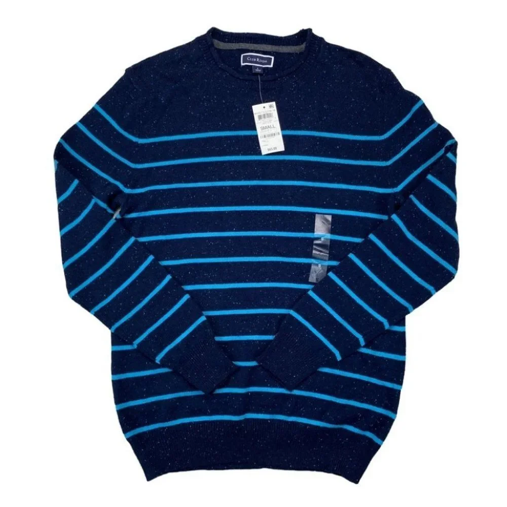 Club Room Mens Gregor Striped Crew Neck Classic Fit Pullover Sweater Navy Blue S